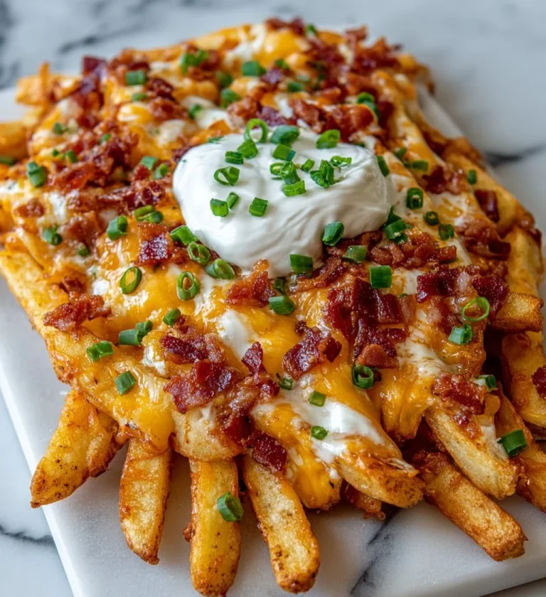 Plate of loaded bacon cheese fries topped with crispy bacon and melted cheese