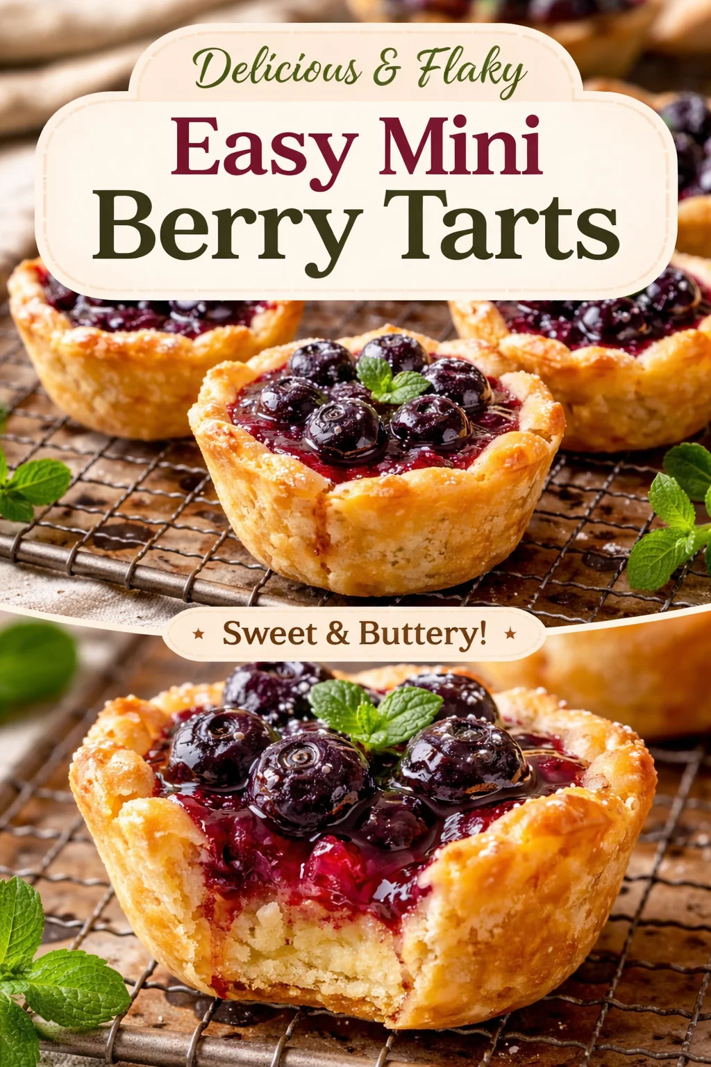 Mini blueberry muffin tin tarts topped with fresh blueberries and dusted with powdered sugar.