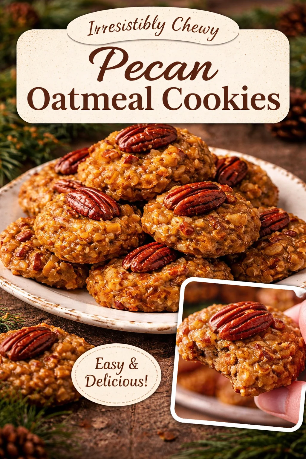 No-bake Coconut Pecan Praline Cookies on a plate topped with pecans and coconut flakes