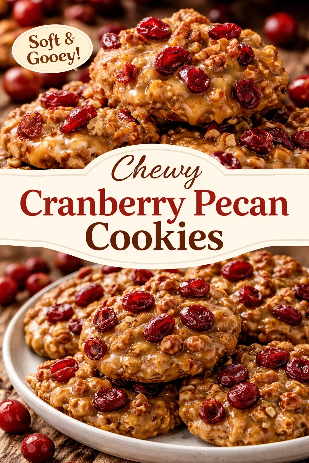 No-Bake cranberry pecan cookies on a plate with festive decorations.