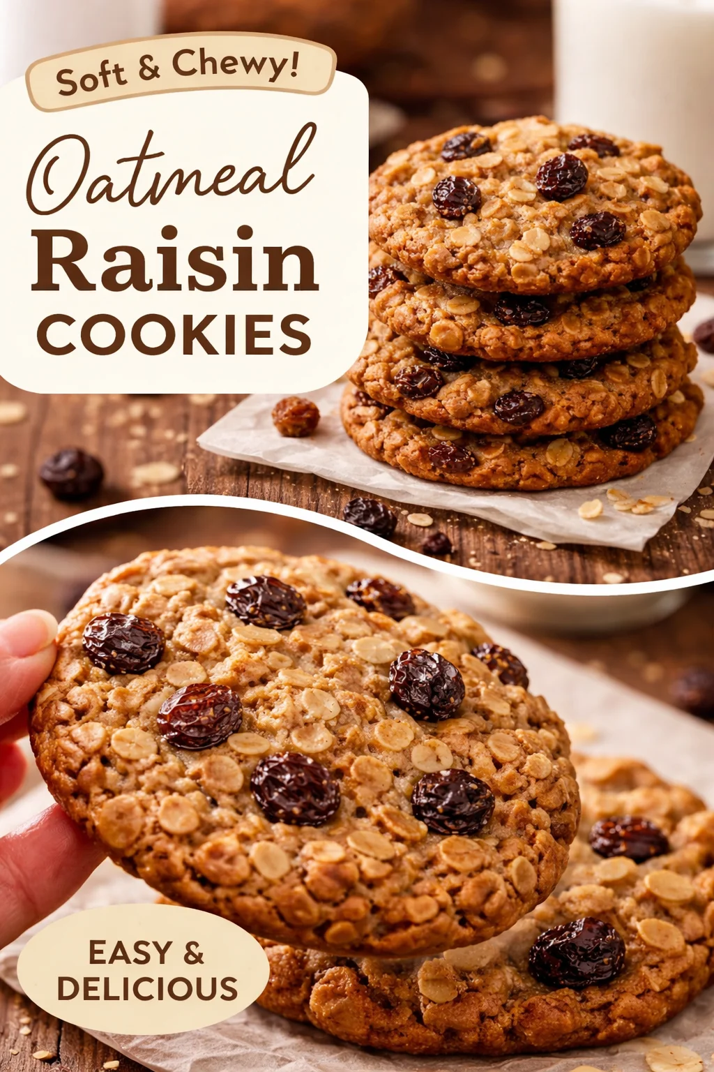 Freshly baked oatmeal raisin cookies on a cooling rack