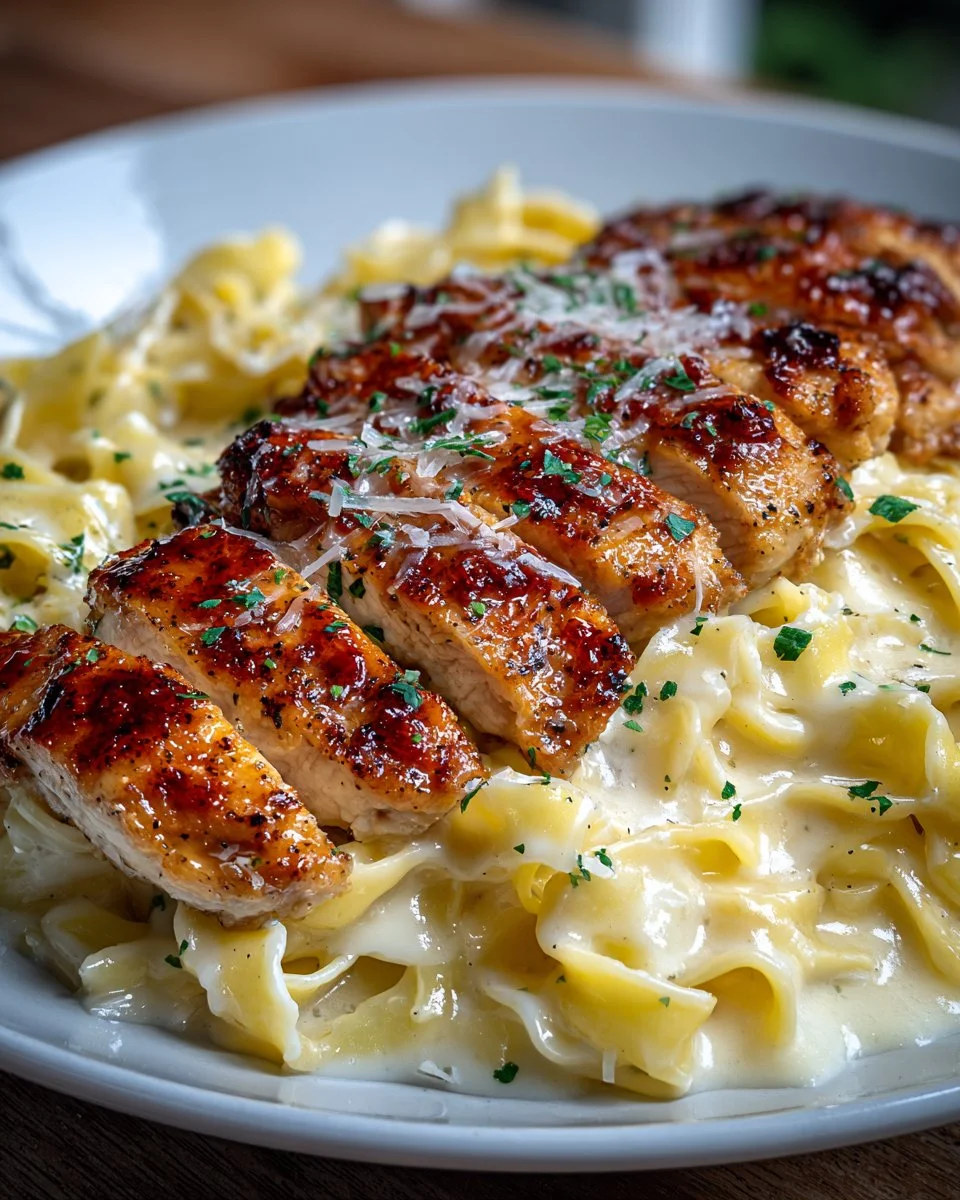 Creamy Chicken Alfredo dish from Olive Garden served with fettuccine pasta.