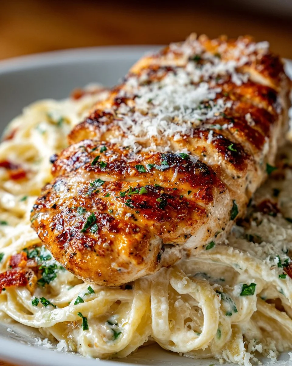 Delicious Chicken Alfredo from Olive Garden topped with grilled chicken and creamy sauce
