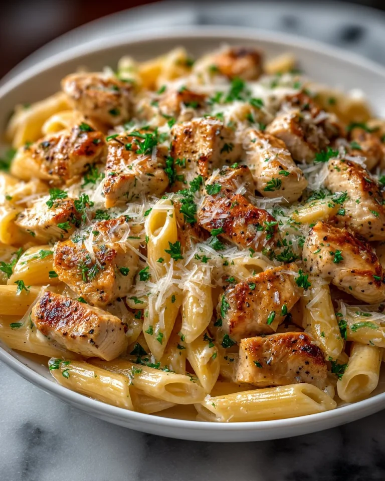 Delicious One Pot Chicken Alfredo served in a bowl with parsley garnish