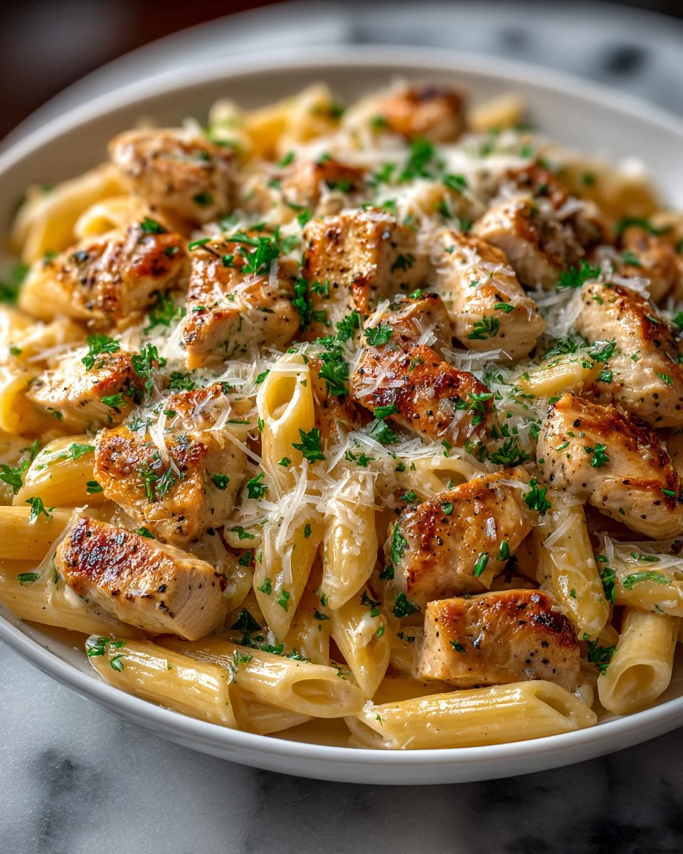 Delicious One Pot Chicken Alfredo served in a bowl with parsley garnish