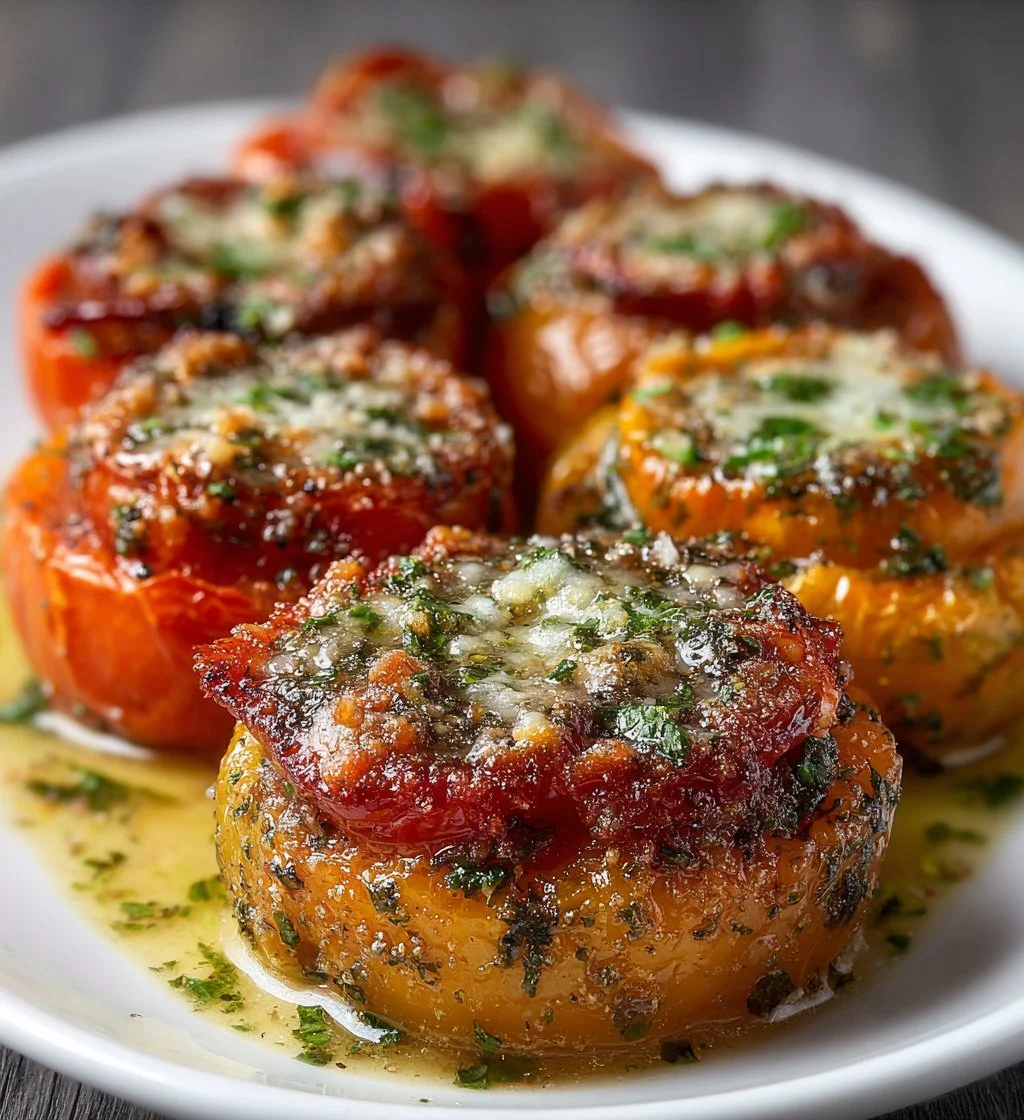 Delicious oven roasted tomatoes bursting with flavor on a serving plate.