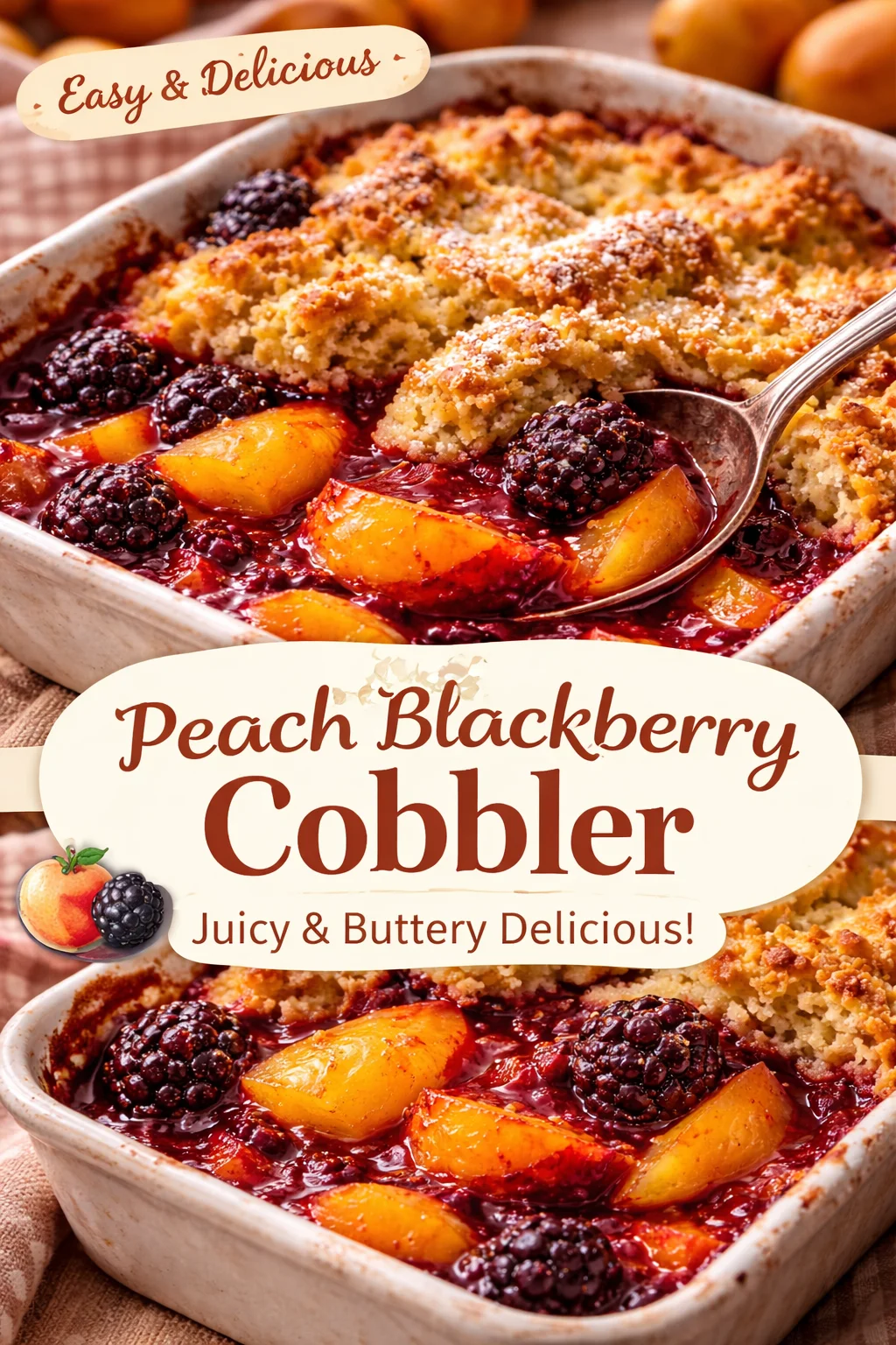 Delicious peach berry cobbler with fresh peaches and mixed berries baked to perfection.