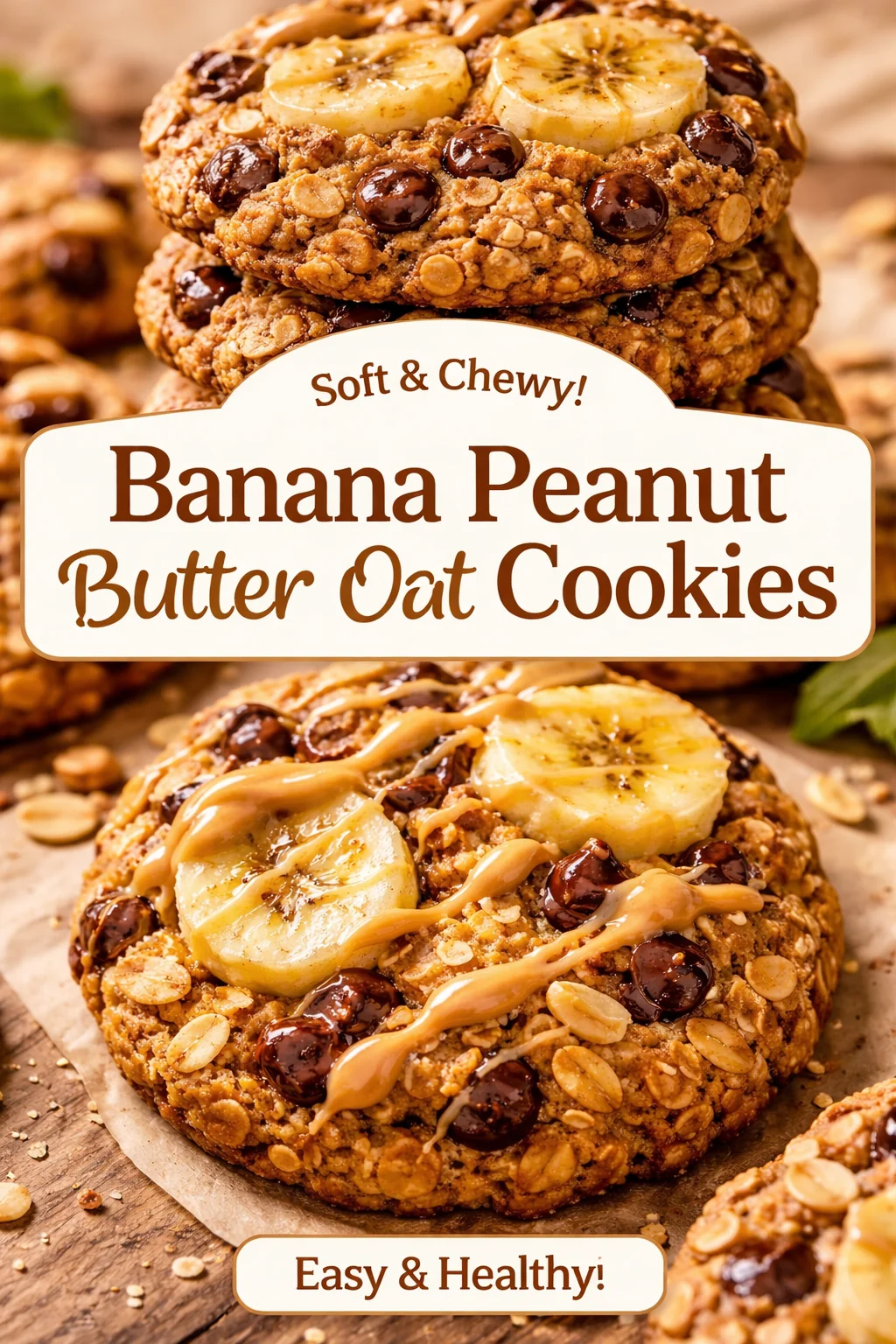 Peanut Butter Banana Oatmeal Breakfast Cookies on a rustic wooden table