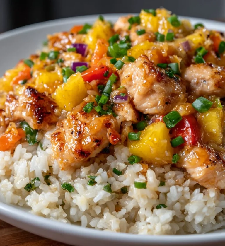 Delicious Pineapple Chicken served over a bed of fluffy rice