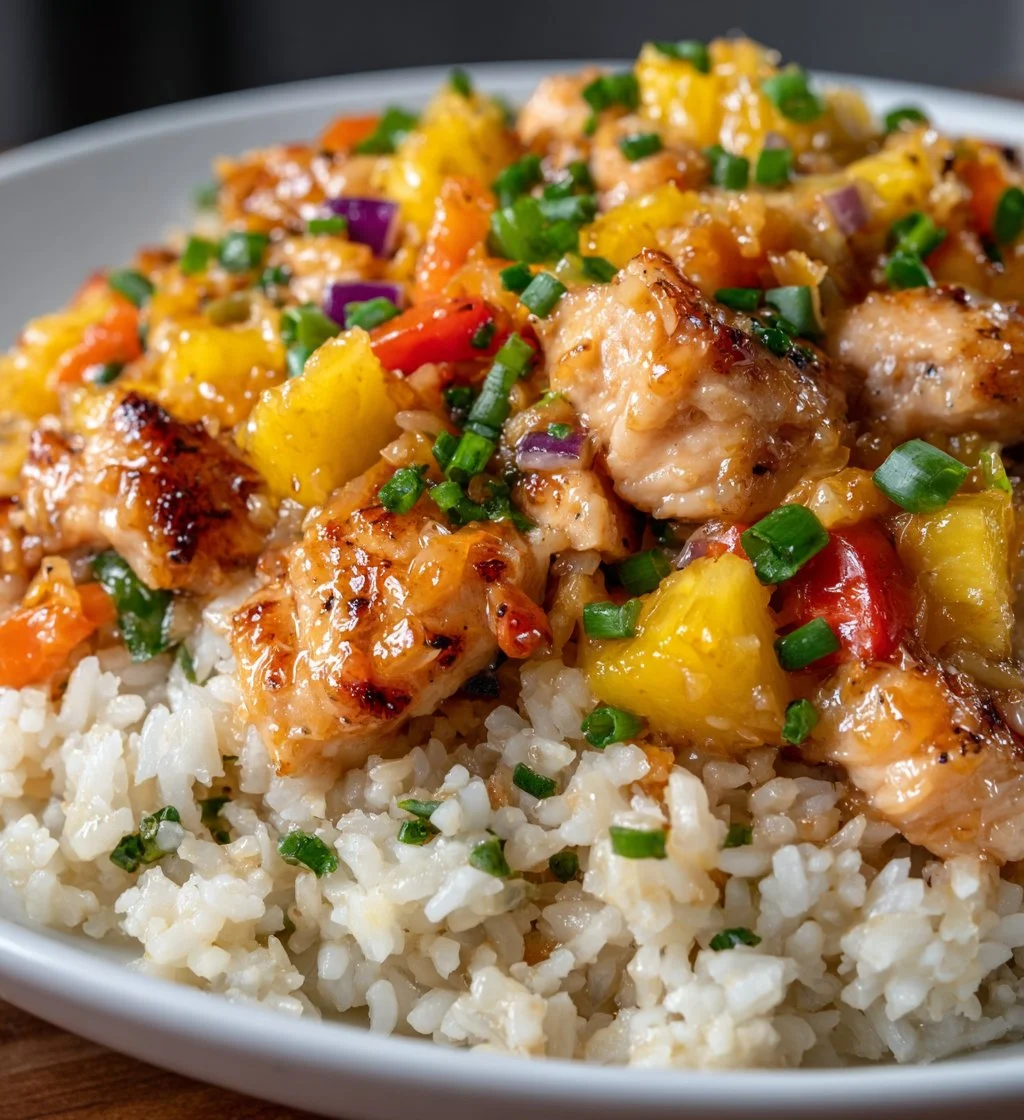 Delicious Pineapple Chicken served over a bed of fluffy rice