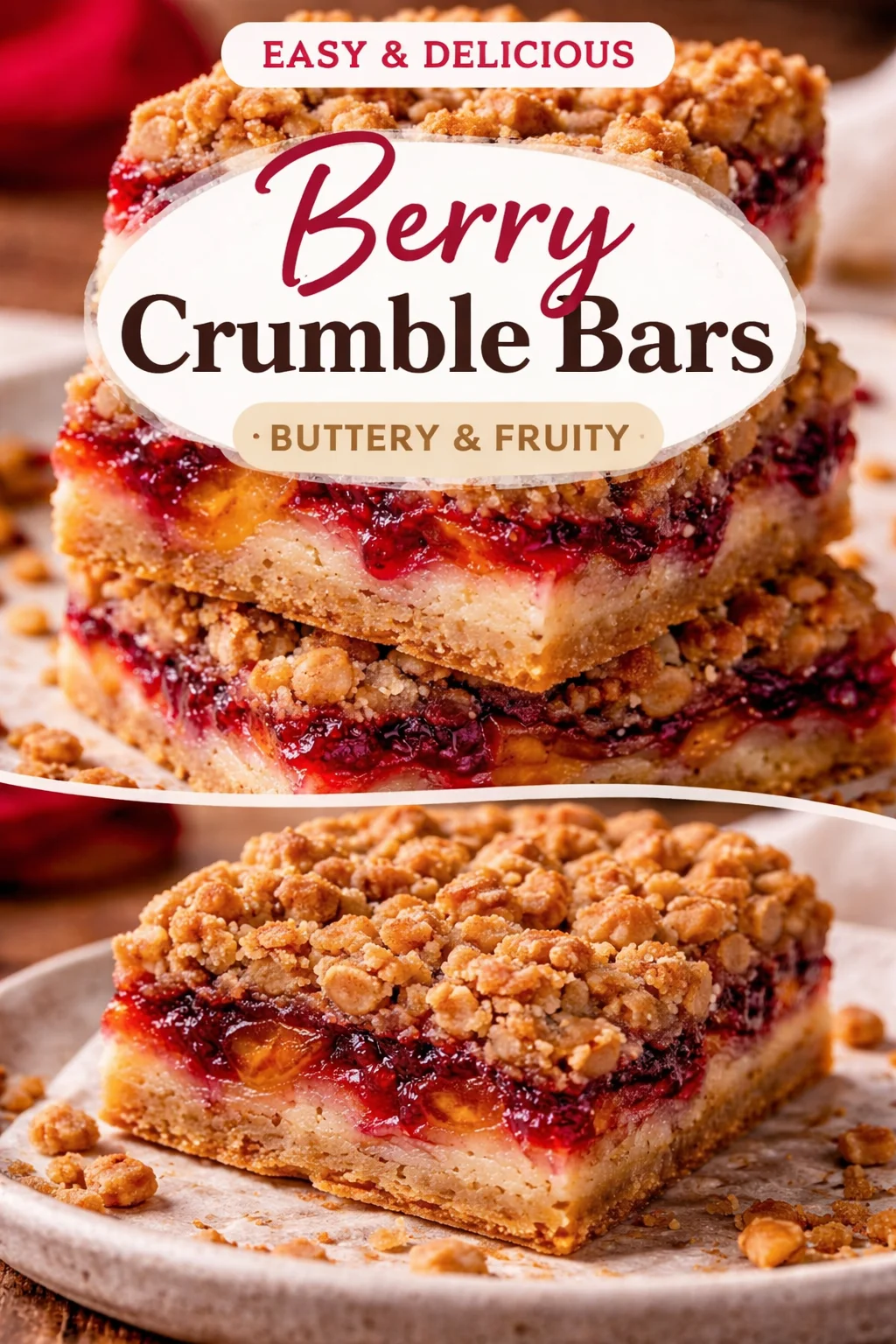 Plum oatmeal bars topped with a delicious crumble ready to serve