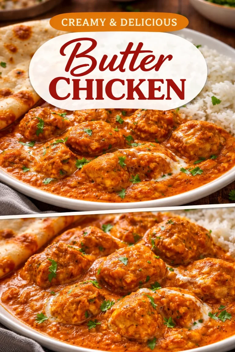 Delicious homemade butter chicken served with rice and naan.
