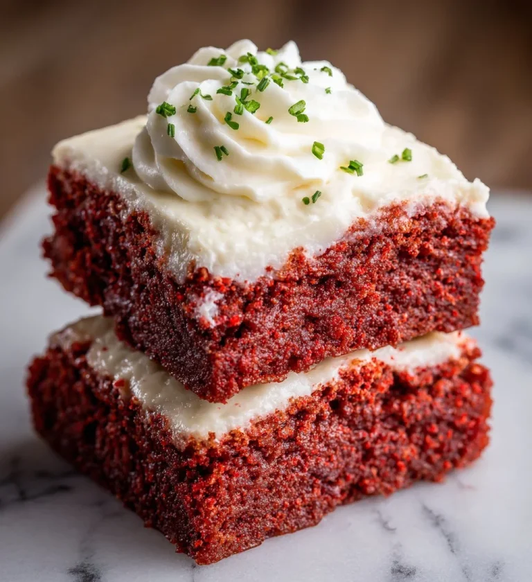 Decadent red velvet brownies with creamy cream cheese frosting on a white plate