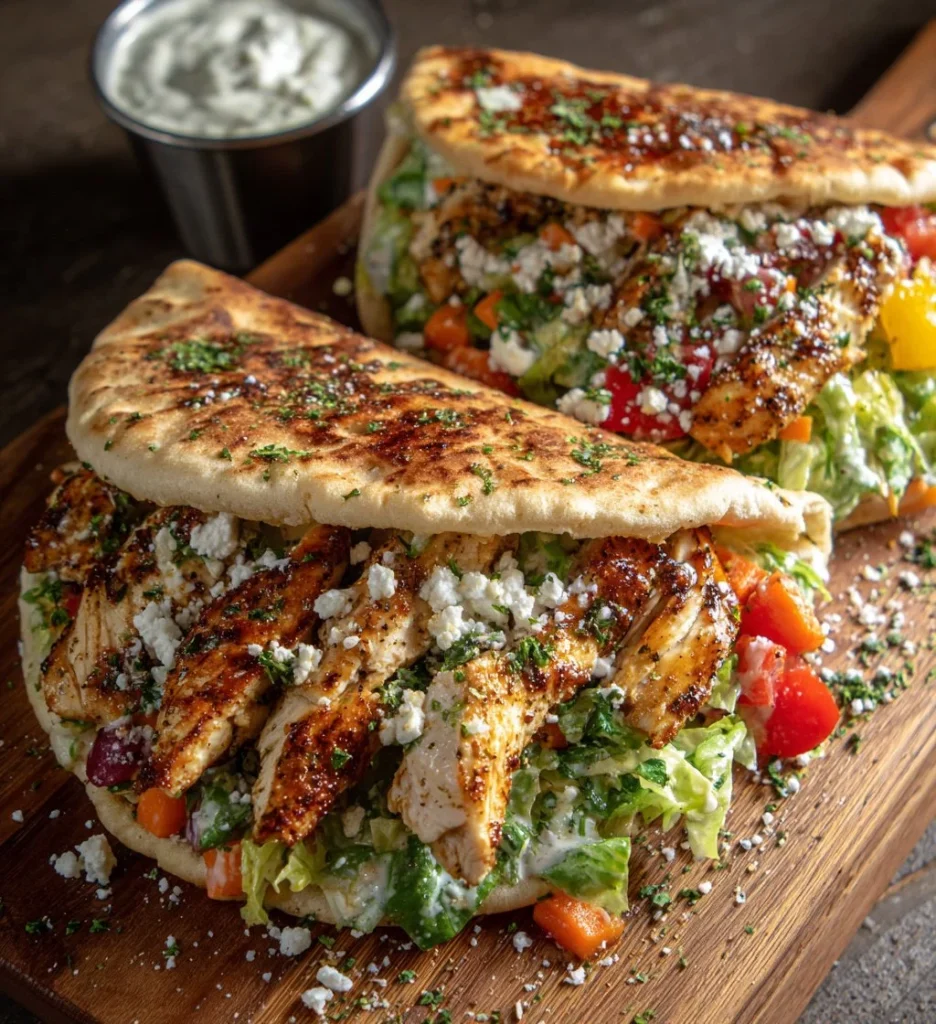 Delicious sheet pan chicken pitas served with fresh vegetables and sauce