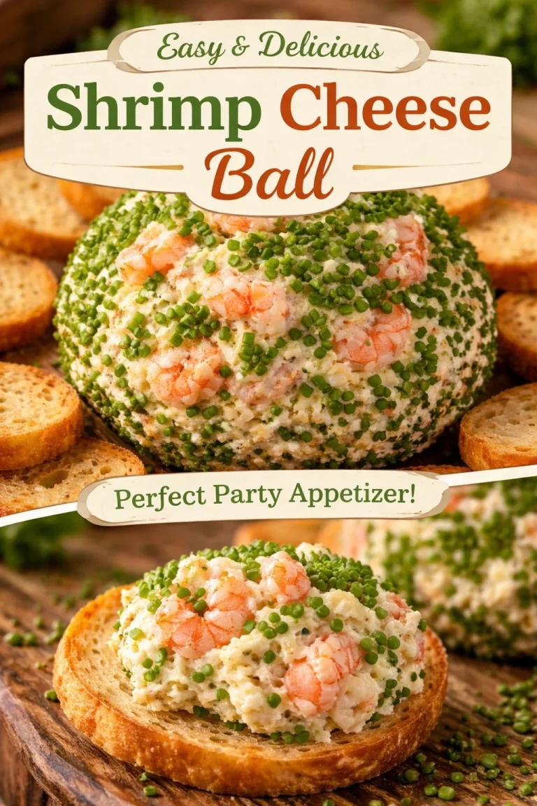 Delicious shrimp cheese ball served on a platter with crackers and herbs