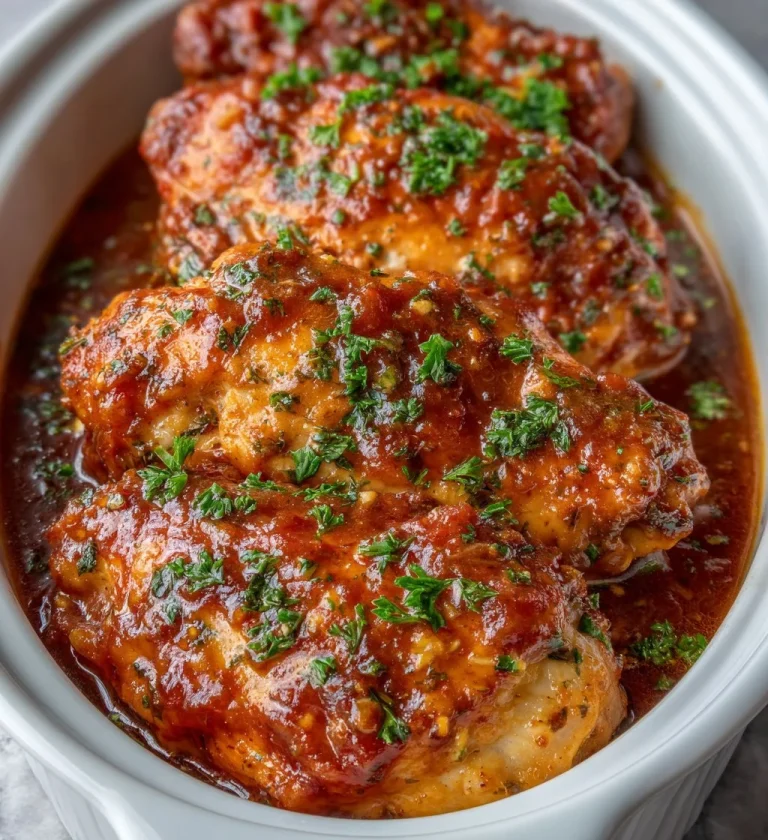 Slow Cooker Balsamic Chicken garnished with herbs and served on a plate