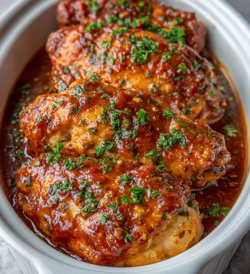 Slow Cooker Balsamic Chicken garnished with herbs and served on a plate