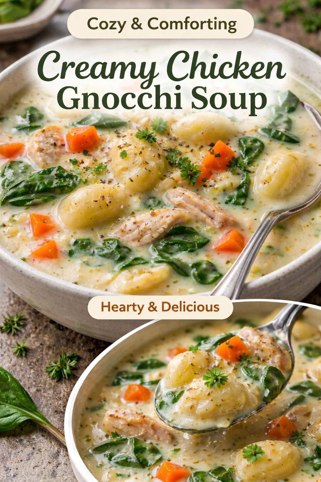 Bowl of slow cooker chicken gnocchi soup garnished with herbs