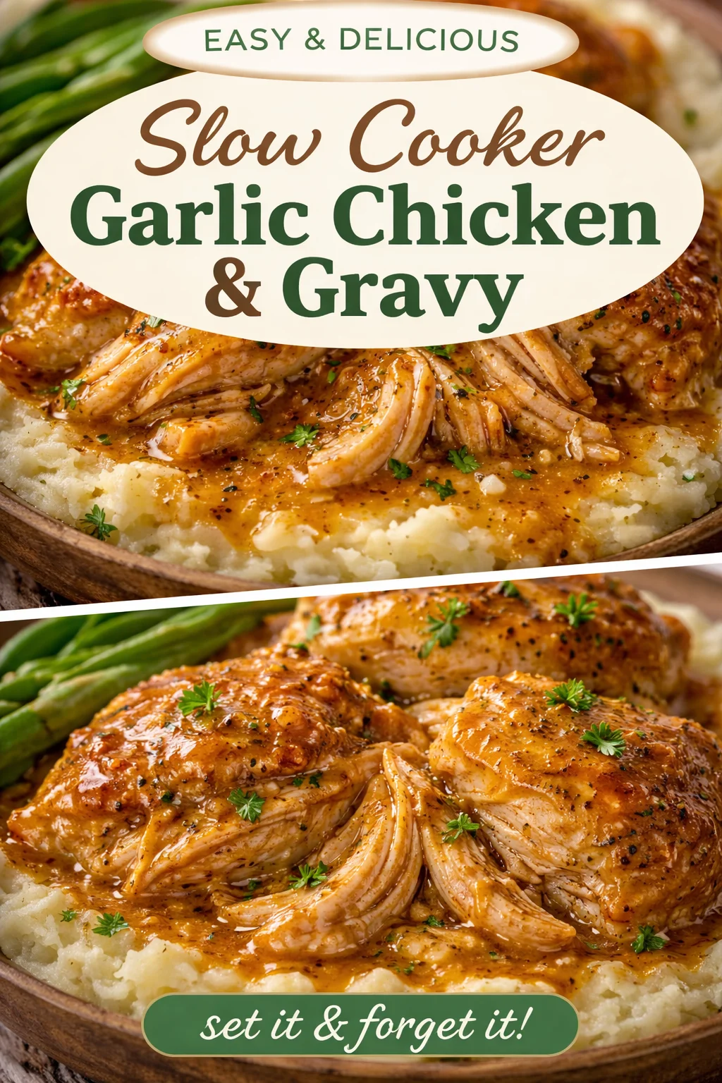 Slow Cooker Chicken and Gravy served in a bowl with herbs on top