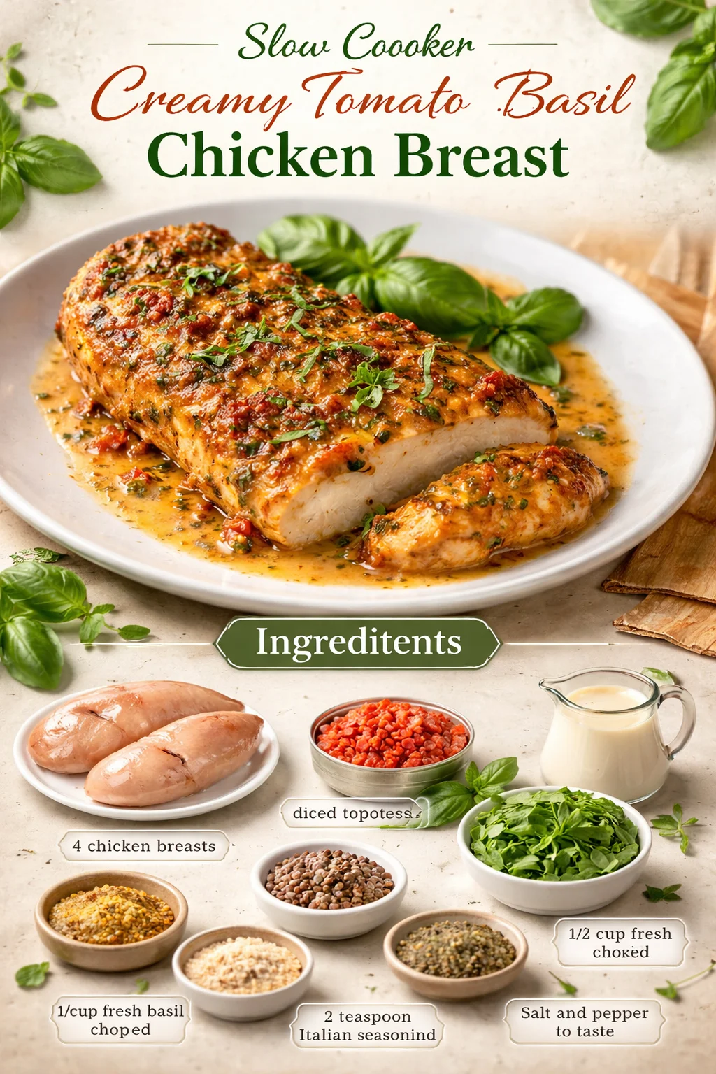 Slow Cooker Creamy Tomato Basil Chicken Breast