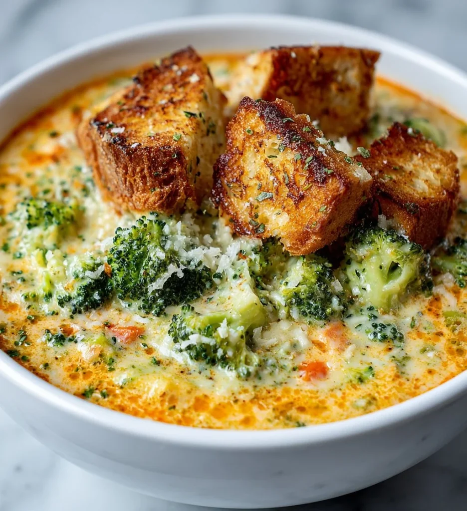 A bowl of rich and creamy Smoked Gouda Broccoli Soup garnished with herbs.