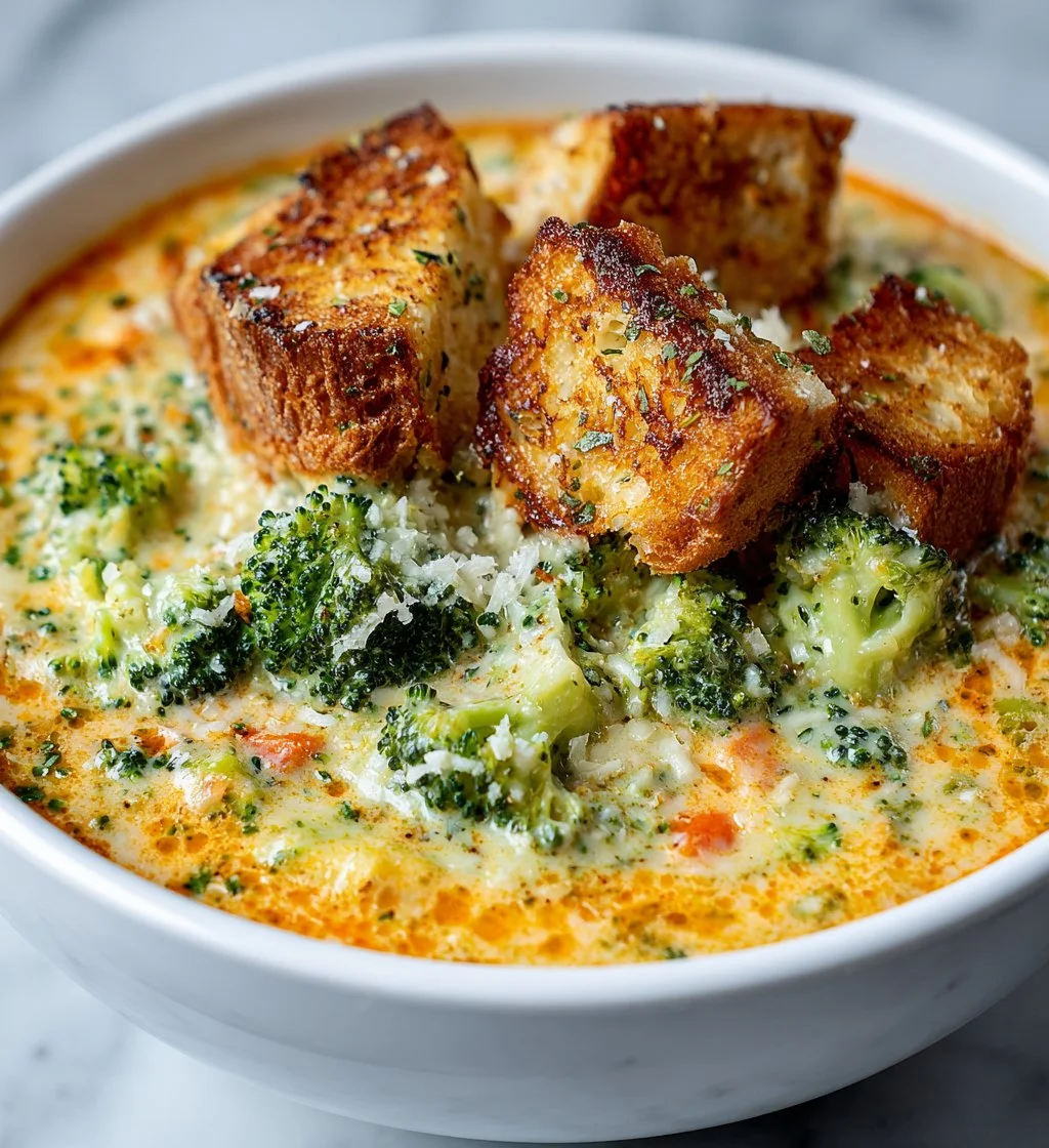 A bowl of rich and creamy Smoked Gouda Broccoli Soup garnished with herbs.