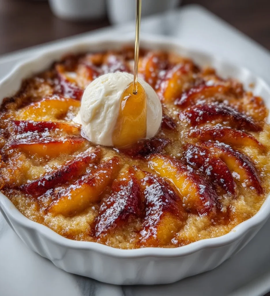 Southern-style gluten free peach cobbler with fresh peaches and crispy topping