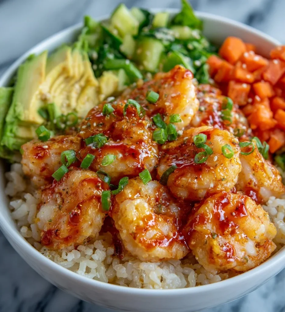 Spicy mayo shrimp rice bowl garnished with fresh vegetables and herbs