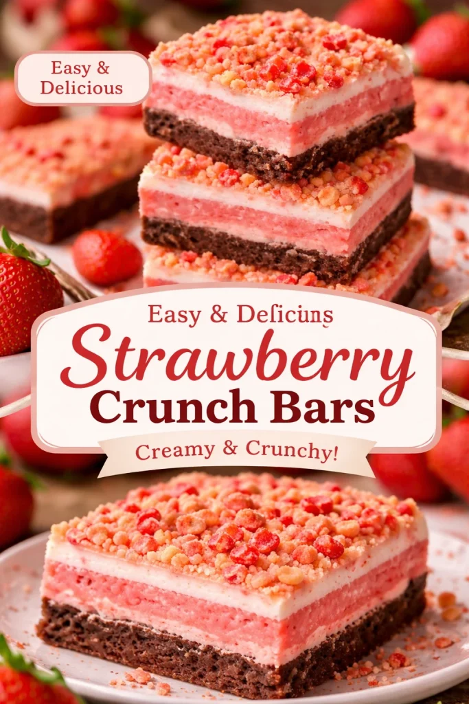 Delicious Strawberry Crunch Brownies topped with strawberry pieces and crunchy bits.