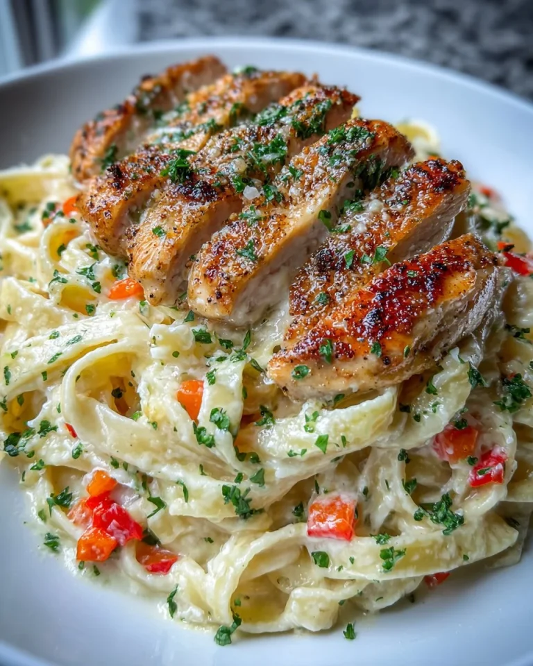 Creamy chicken alfredo pasta served with parsley on a white plate