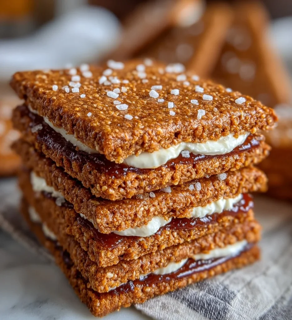 Homemade toasted oat graham crackers, vegan and gluten-free, on a rustic wooden table.