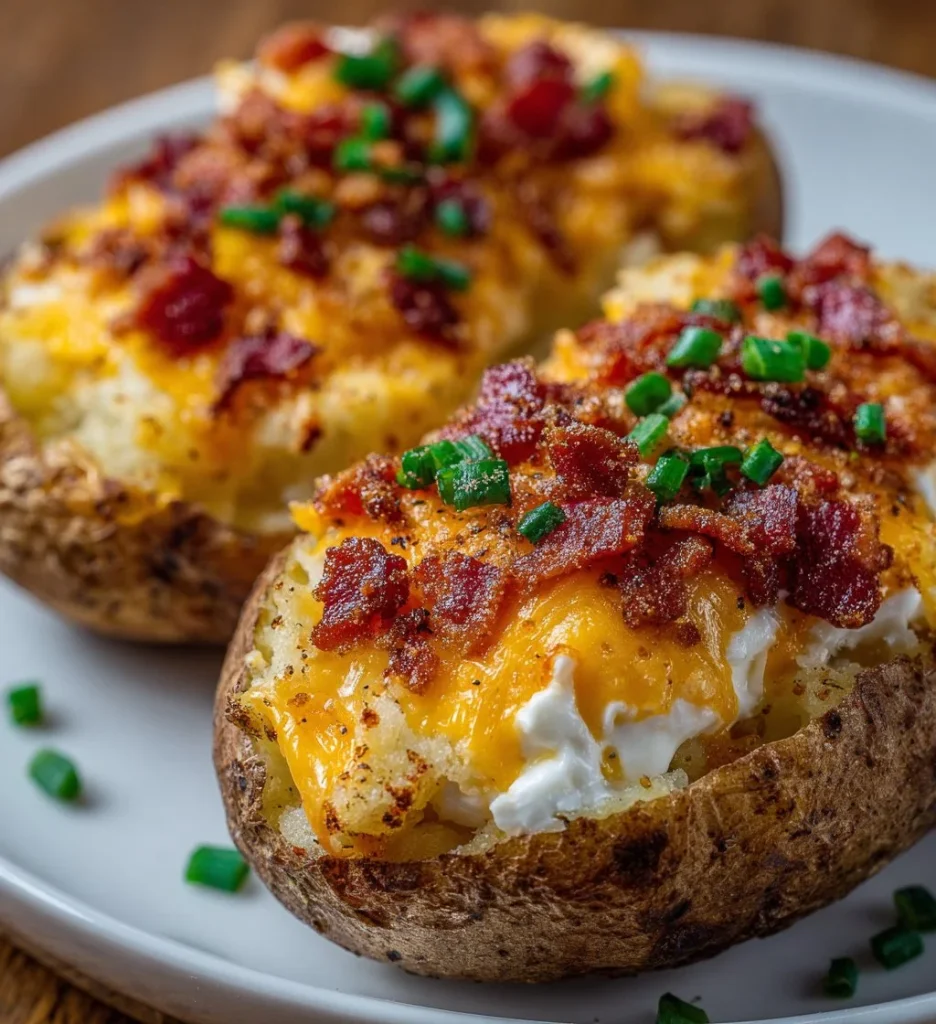 Twice baked loaded breakfast potatoes topped with cheese and bacon