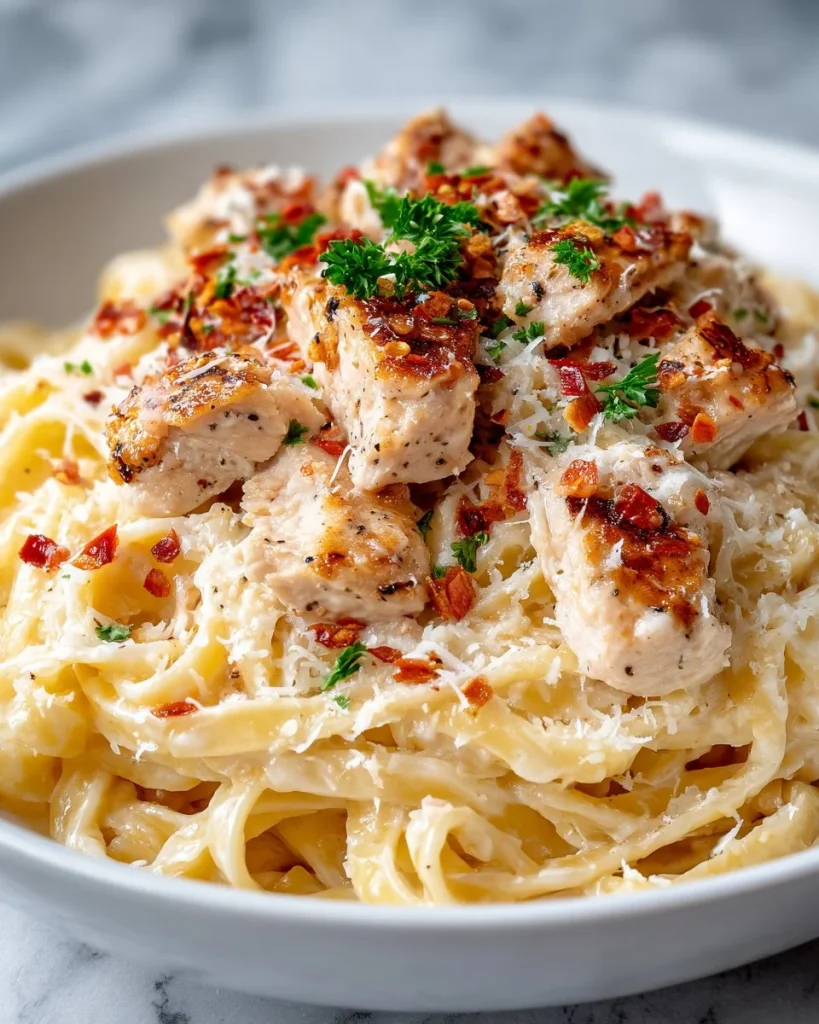 Delicious creamy Chicken Alfredo pasta topped with parsley in a bowl.