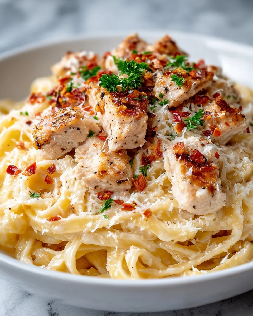 Delicious creamy Chicken Alfredo pasta topped with parsley in a bowl.