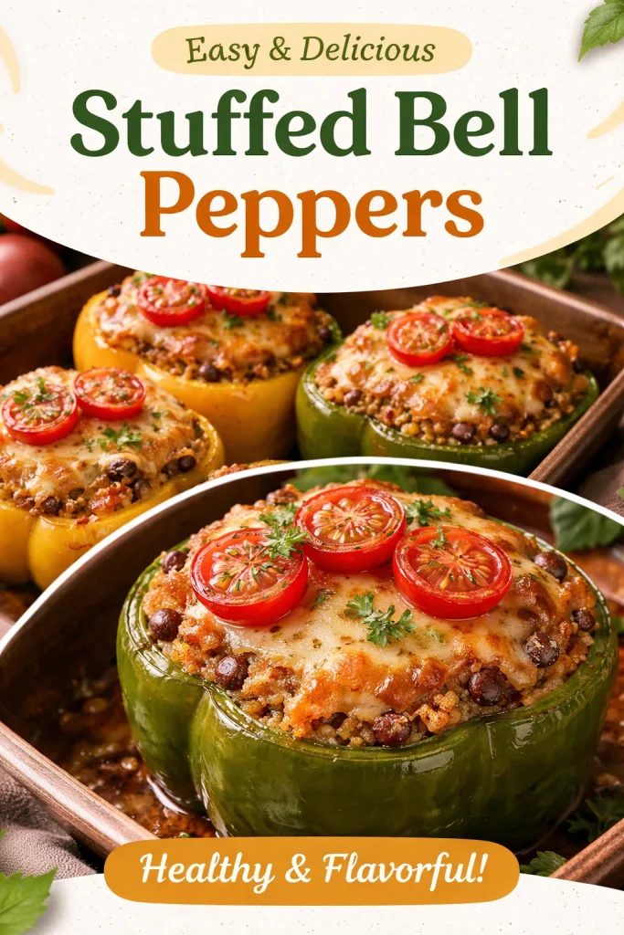 Vegetarian stuffed bell peppers filled with rice, vegetables, and herbs
