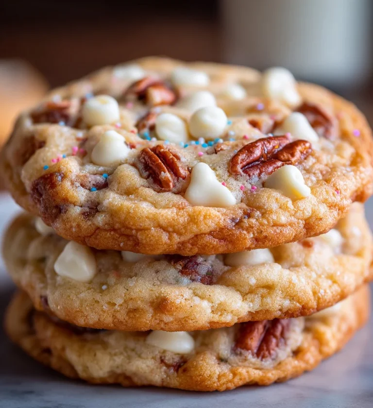 Delicious white chocolate chip pecan cookies on a rustic wooden table.