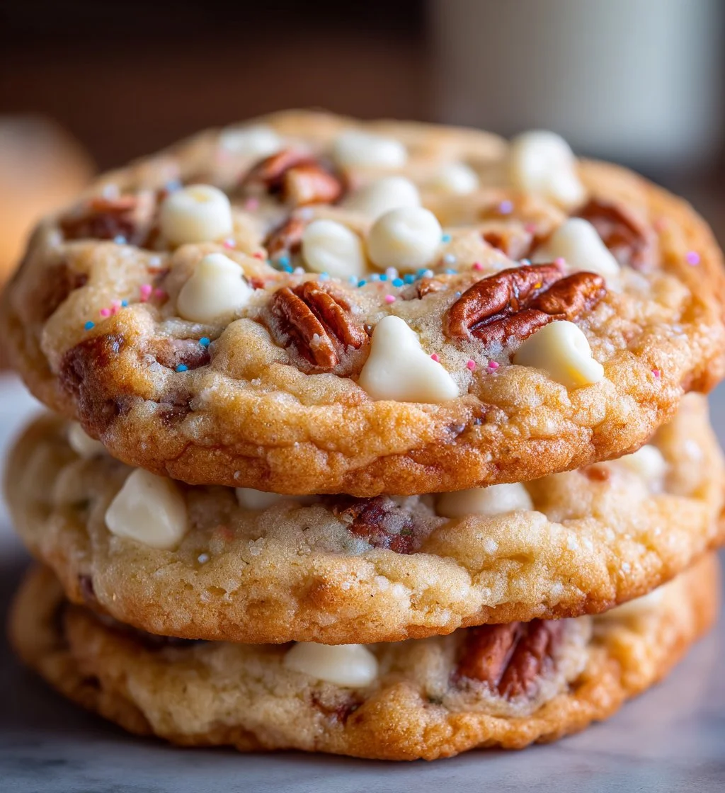 Delicious white chocolate chip pecan cookies on a rustic wooden table.