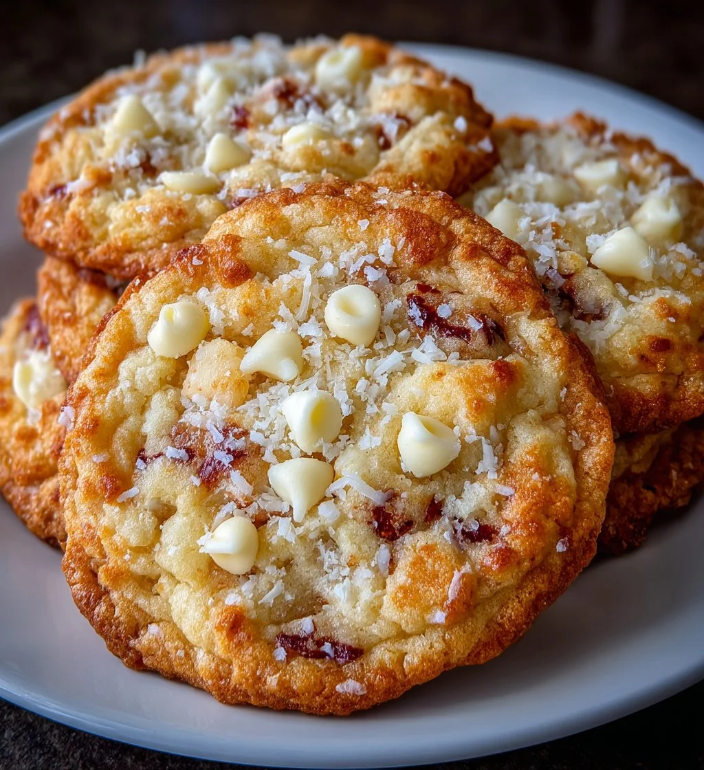 Delicious white chocolate macadamia coconut cookies on a plate