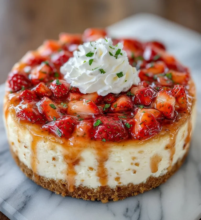 Delicious white chocolate strawberry cheesecake topped with fresh strawberries.