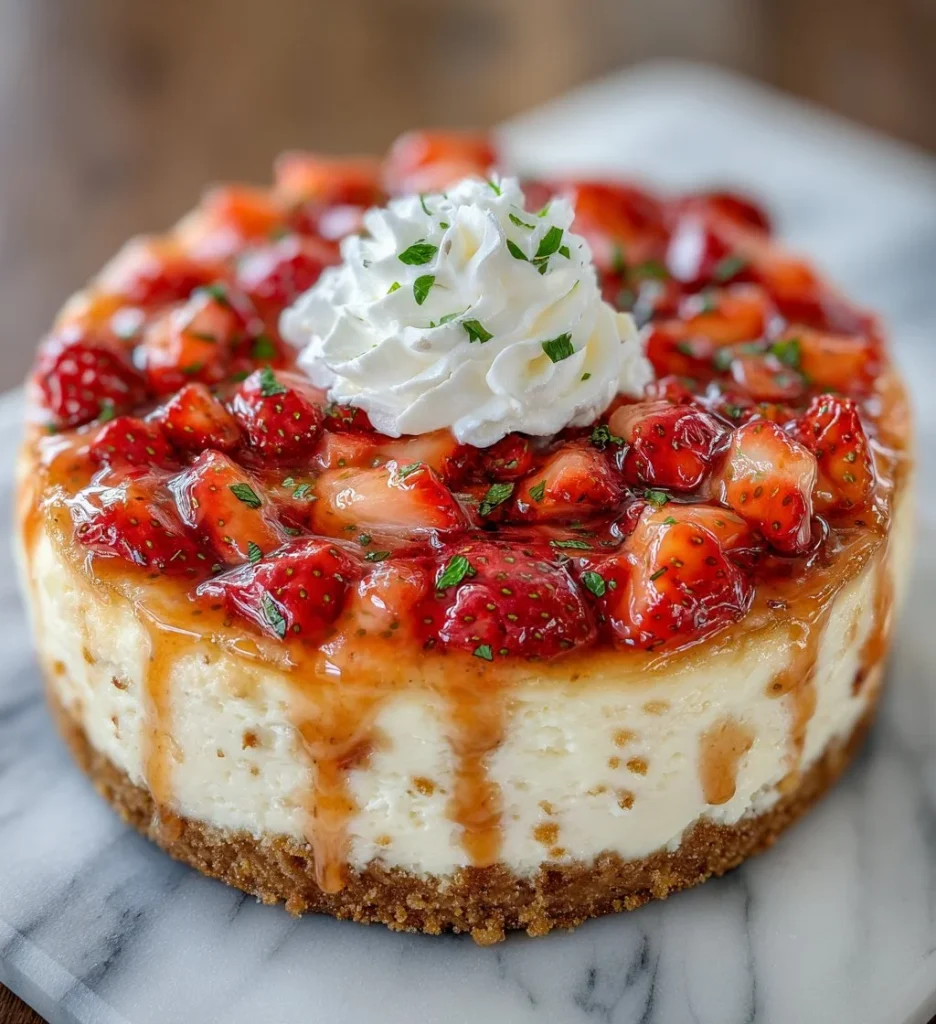 Delicious white chocolate strawberry cheesecake topped with fresh strawberries.