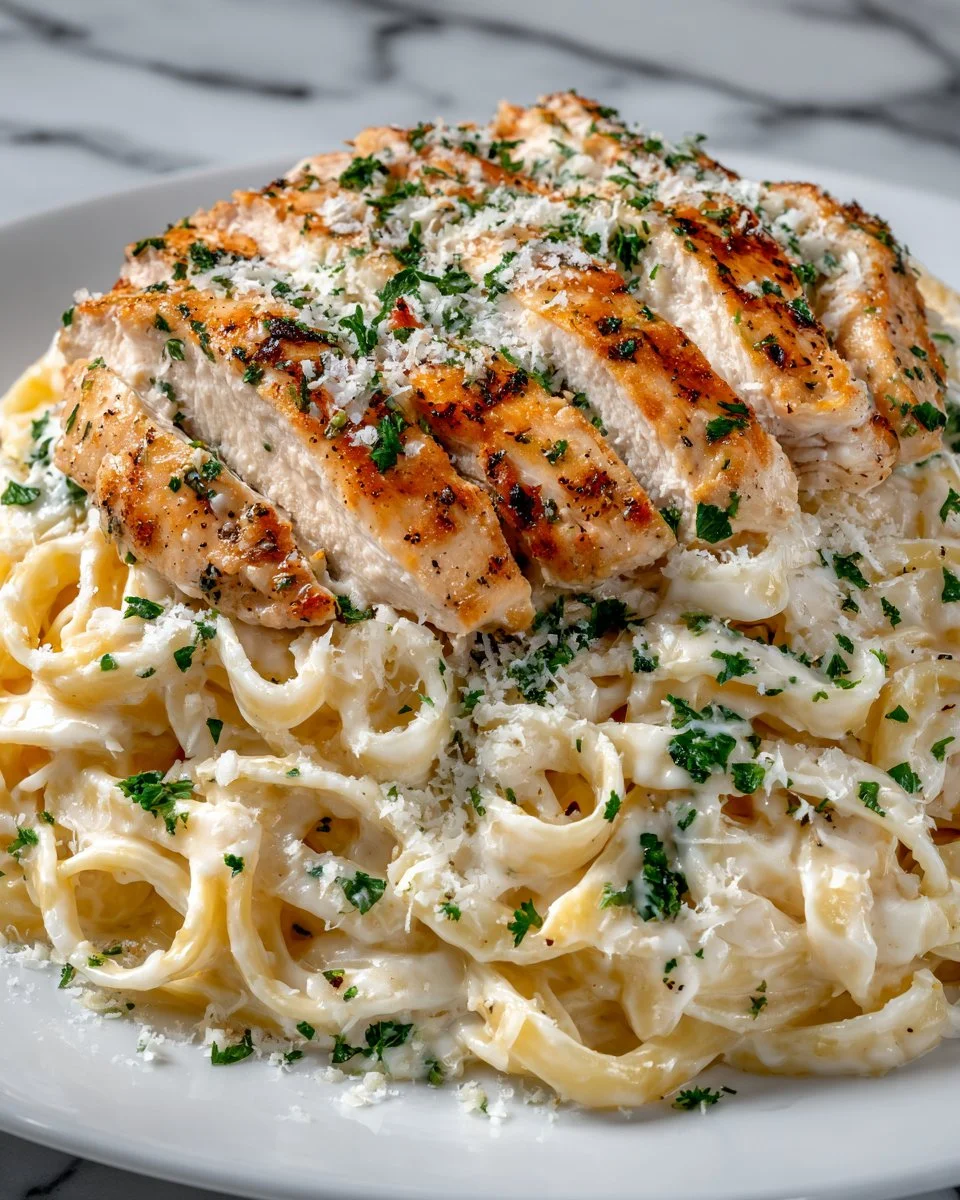 Creamy Chicken Alfredo pasta dish served in a bowl with garnishes.