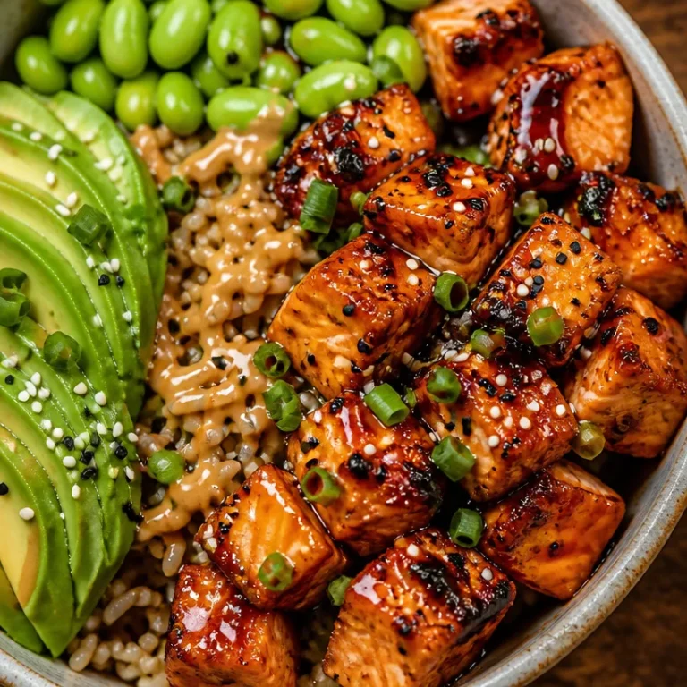 Air fried teriyaki salmon bites served in a rice bowl