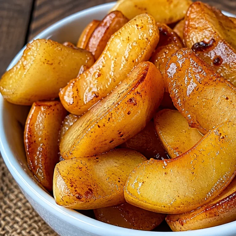 Air fryer fried apples served in a bowl with cinnamon and caramel drizzle
