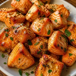 Crispy Air Fryer salmon bites with lemon garlic butter sauce