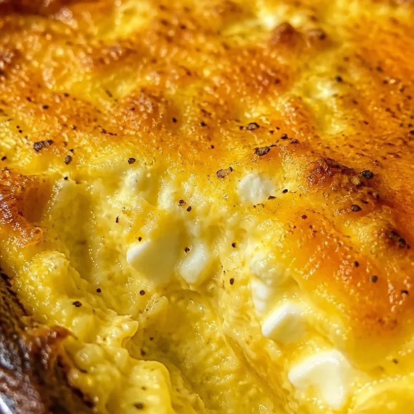 Baked cottage cheese eggs served in a dish, garnished with herbs.