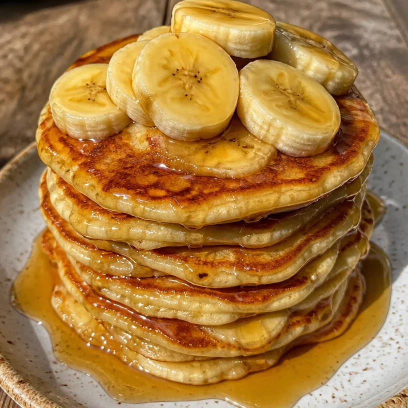 Fluffy banana pancakes served with syrup and fresh fruit on a plate
