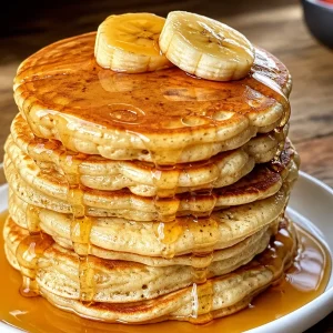 Fluffy banana protein powder pancakes stacked with fresh bananas