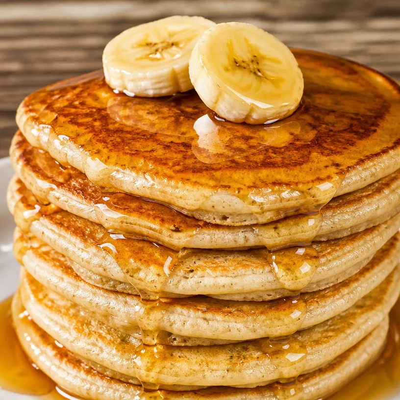 Fluffy banana protein powder pancakes stacked on a plate