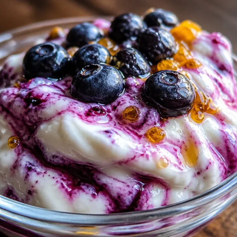 Blueberry Greek yogurt parfait layered with blueberries and granola.