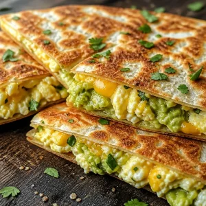 Breakfast quesadilla with egg and smashed avocado on a plate